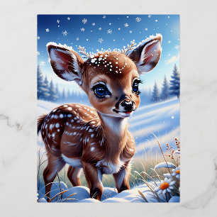 Een schattig klein baby hertje op een winterweide, folie feestdagen briefkaart