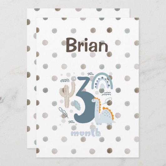 Een schattig ontwerp van 3 maanden met Dino op pas (Voorkant / Achterkant)