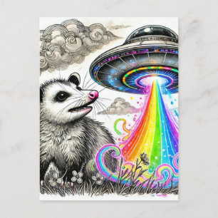 Een schattig opossum en een ufo briefkaart
