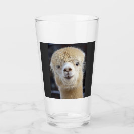 Een schattig pluizig gezicht van een alpaca        glas