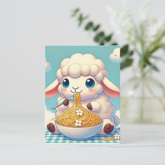 Een schattig schaap dat spaghetti eet briefkaart (Staand voorkant)