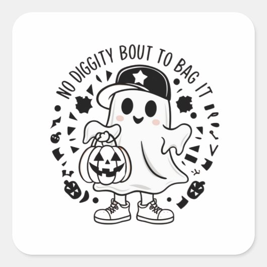Een schattig spook met een pompoen snoepjes tas vierkante sticker (Voorkant)