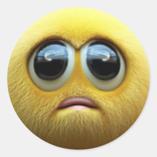 Een schattig verdrietig fuzzy geel balpersonage ronde sticker (Voorkant)