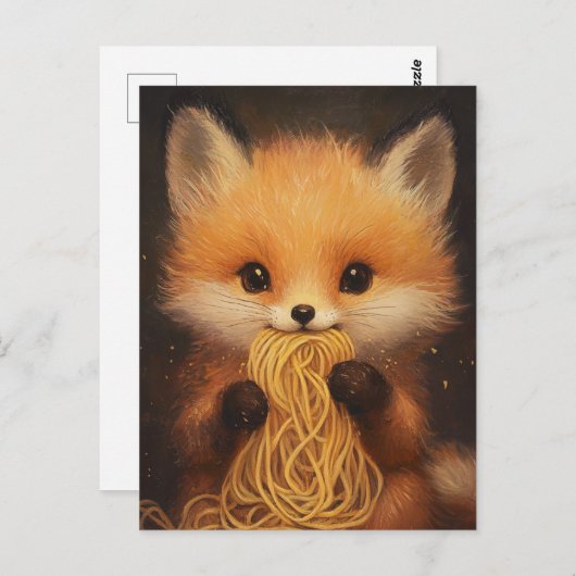 Een schattige baby rode vos die spaghetti eet briefkaart (Voorkant / Achterkant)