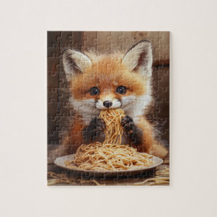 Een schattige baby rode vos die spaghetti eet legpuzzel