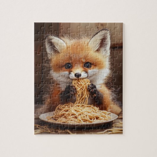 Een schattige baby rode vos die spaghetti eet legpuzzel (Verticaal)