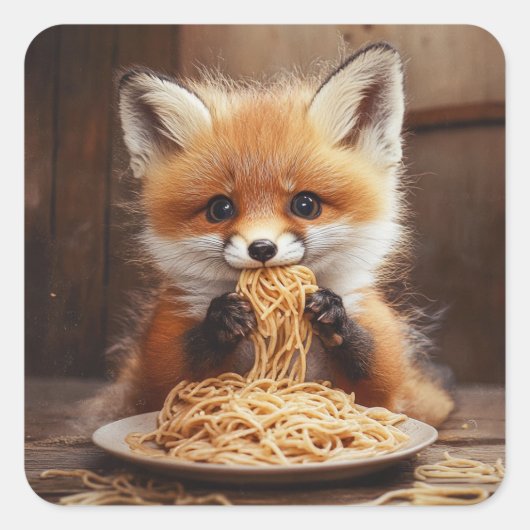 Een schattige baby rode vos die spaghetti eet vierkante sticker (Voorkant)