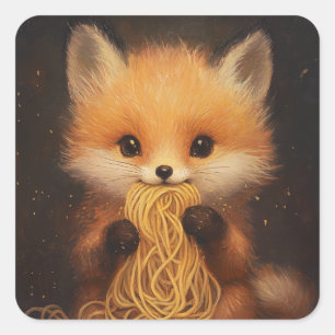 Een schattige baby rode vos die spaghetti eet vierkante sticker