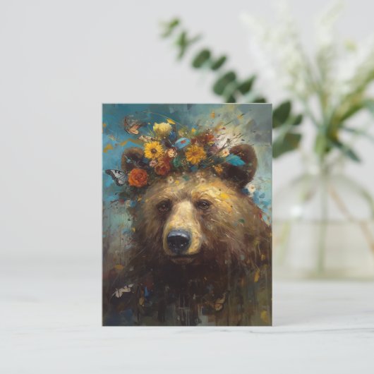 Een Schattige Beer met een bloemenkroon Briefkaart (Staand voorkant)