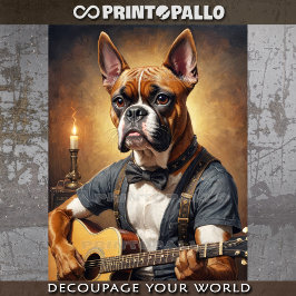 Een schattige boxerhond die gitaar speelt in zijn  tissuepapier