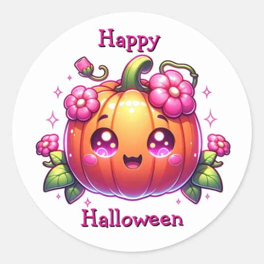 Een Schattige Chibi pompoen | Fijne Halloween Ronde Sticker (Voorkant)