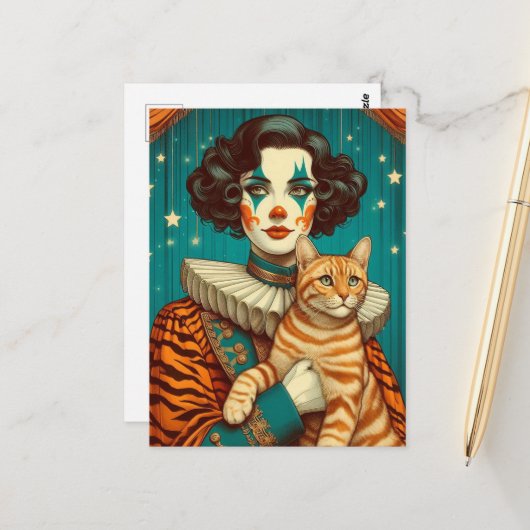Een Schattige Clown en Tabby Siamese Kat Briefkaart (Voorkant / Achterkant in situ)