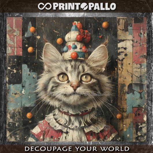 Een schattige clown kat op hout geschilderde muur  tissuepapier