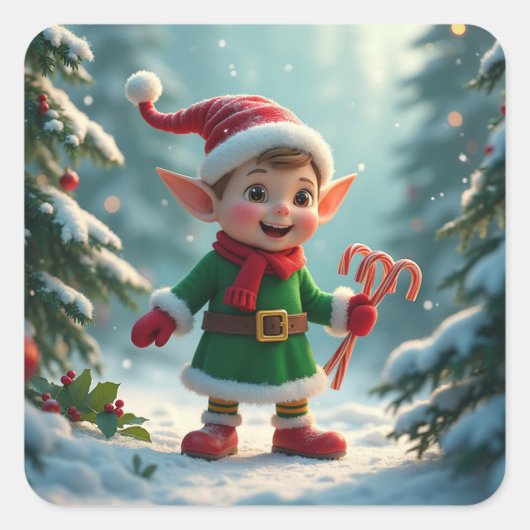 Een schattige elf met een snoepstokje vierkante sticker (Voorkant)