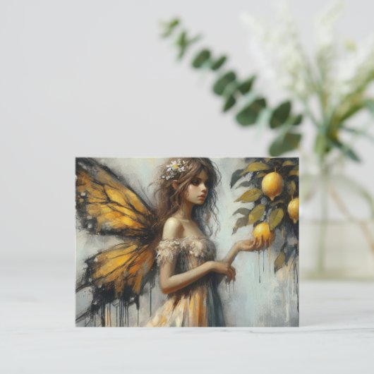 Een schattige fee plukken citroenen briefkaart (Staand voorkant)