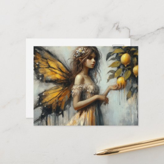 Een schattige fee plukken citroenen briefkaart (Voorkant / Achterkant in situ)