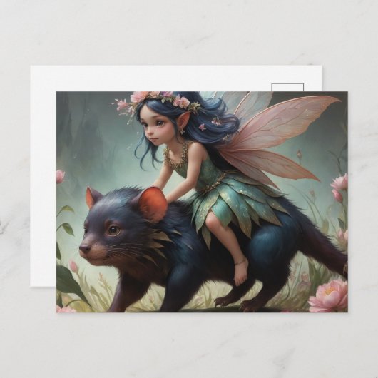Een schattige fee rijdt op een Tasmaanse Duivel fa Briefkaart (Voorkant / Achterkant)