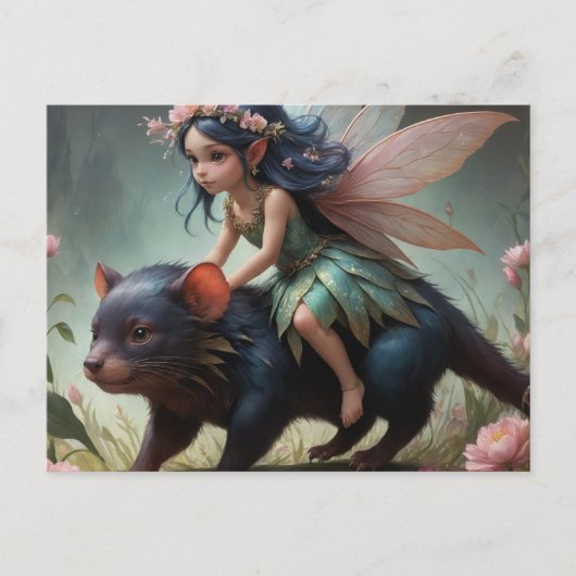 Een schattige fee rijdt op een Tasmaanse Duivel fa Briefkaart (Voorkant)