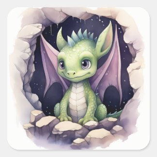 Een schattige groene & paarse baby draak in waterv vierkante sticker