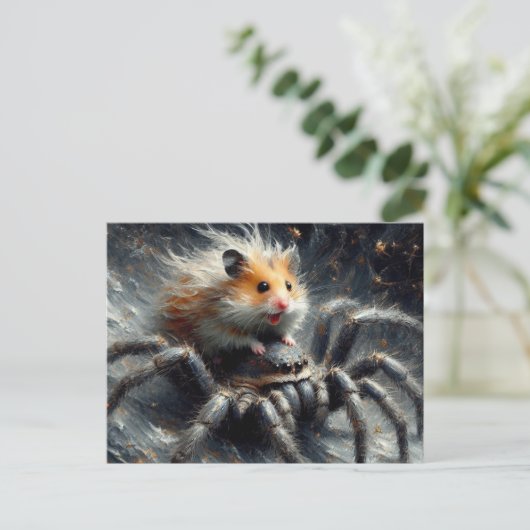Een schattige hamster die op een reuzenspin rijdt briefkaart (Staand voorkant)
