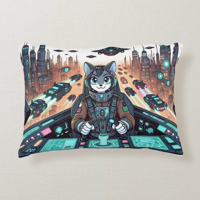 Een schattige kat als piloot navigeert futuristisc accent kussen (Voorkant)