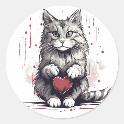 Een schattige kat die een hart vasthoudt ronde sticker (Voorkant)