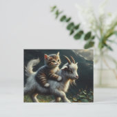 Een schattige kat die op een geit rijdt briefkaart (Staand voorkant)