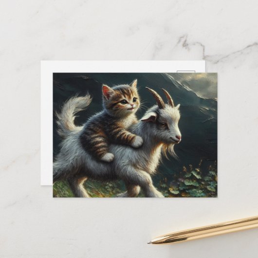 Een schattige kat die op een geit rijdt briefkaart (Voorkant / Achterkant in situ)
