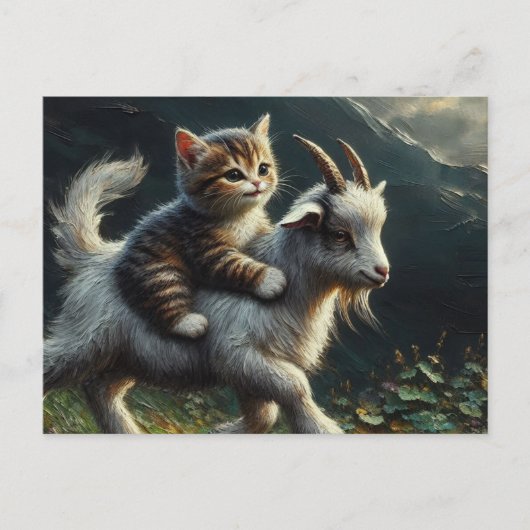 Een schattige kat die op een geit rijdt briefkaart (Voorkant)