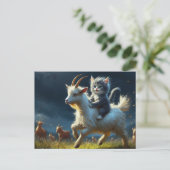 Een schattige kat die op een geit rijdt briefkaart (Staand voorkant)