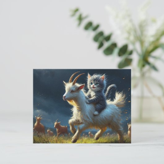 Een schattige kat die op een geit rijdt briefkaart (Staand voorkant)