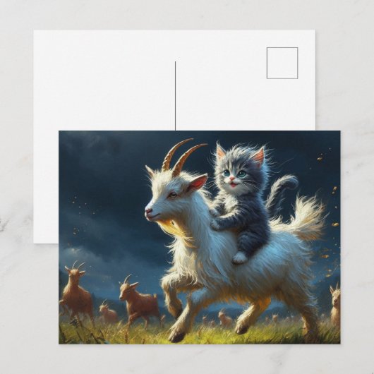 Een schattige kat die op een geit rijdt briefkaart (Voorkant / Achterkant)