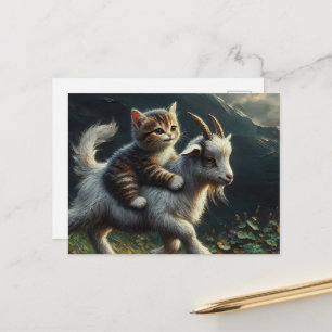 Een schattige kat die op een geit rijdt Fantasie Briefkaart