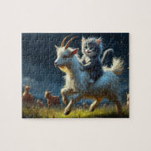 Een schattige kat die op een geit rijdt legpuzzel (Horizontaal)