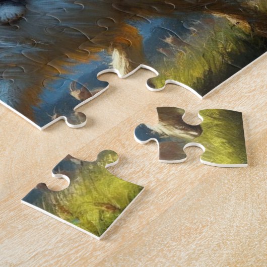 Een schattige kat die op een geit rijdt legpuzzel (Zijkant)