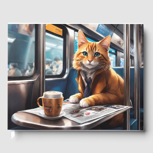 Een schattige kat met een koffie en krantengastenb gastenboek (Voorkant)