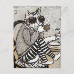 Een Schattige kat met een koffie encaustic Briefkaart