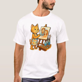 Een schattige kat schildert een portret van zijn f t-shirt