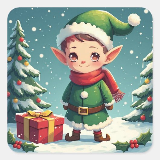 Een schattige kersteelf vierkante sticker (Voorkant)