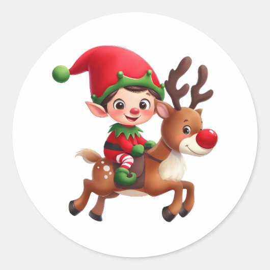 Een schattige kerstelf krijgt een ritje op Rudolph Ronde Sticker (Voorkant)