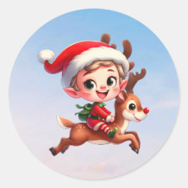 Een schattige kerstelf krijgt een ritje op Rudolph Ronde Sticker