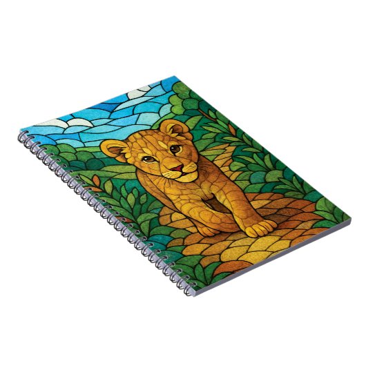 Een schattige leeuwenwelp wandelen, glas-in-lood d notitieboek (Rechterzijde)