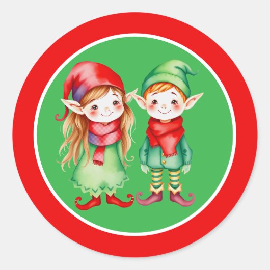 Een Schattige meisje en jongen Elf Kerstmis Ronde Sticker (Voorkant)
