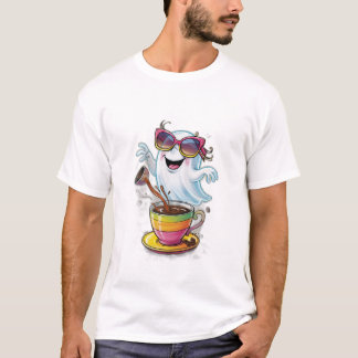 Een schattige, onhandige geest die koffie morst of t-shirt