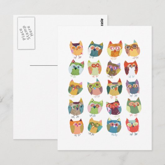 Een schattige Owl postkaart, kleurrijke uilen, oud Briefkaart (Voorkant / Achterkant)