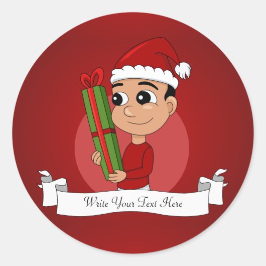 Een schattige peuter met een kerstcadeau ronde sticker (Voorkant)