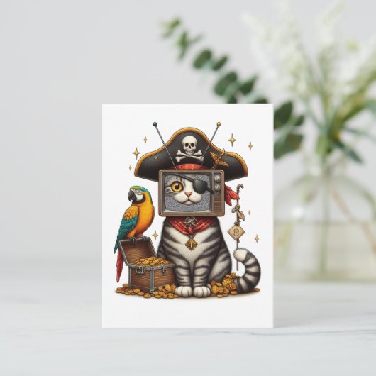 Een schattige Pirate Cat met TV op het hoofd Briefkaart (Staand voorkant)