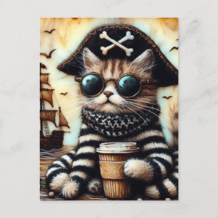 Een Schattige piratenkat met een koffie-encaustic Briefkaart