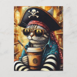 Een Schattige piratenkat met een kopje koffie Briefkaart