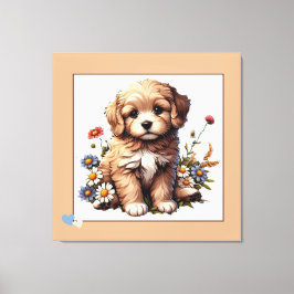 Een schattige puppy die op wilde bloemen zit canvas afdruk